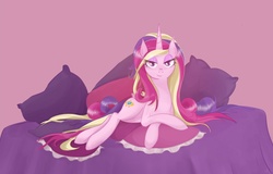 Size: 1501x959 | Tagged: safe, artist:v-invidia, princess cadance, alicorn, pony, g4, bed, bedroom eyes, female, honeymoon, looking at you, mare, messy hair, messy mane, missing accessory, prone, smiling, solo