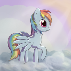 Size: 800x800 | Tagged: safe, artist:fajeh, rainbow dash, pegasus, pony, g4, cloud, crepuscular rays, female, insecure, mare, profile, raised hoof, sky, solo