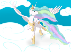 Size: 2000x1452 | Tagged: safe, artist:massyr, artist:php44, princess celestia, alicorn, pony, g4, cloud, female, mare, peytral, raised hoof, sky, solo