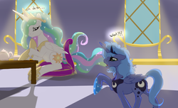 Size: 1225x743 | Tagged: safe, artist:php44, artist:tenchi-outsuno, princess celestia, princess luna, alicorn, pony, g4, bed mane, checkered floor, duo, duo female, female, mare, messy mane, s1 luna, sisters, teapot