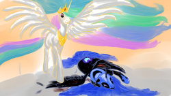 Size: 1440x810 | Tagged: safe, artist:rubrony, nightmare moon, princess celestia, alicorn, pony, g4, crying, duo, duo female, eyes closed, feather, female, floppy ears, frown, hair over one eye, mare, on side, spread wings