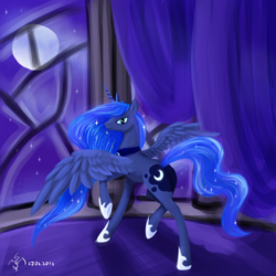 Size: 2000x2000 | Tagged: safe, artist:dalagar, princess luna, alicorn, pony, g4, female, high res, looking back, mare, moon, night, raised hoof, solo, window