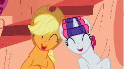 Size: 853x480 | Tagged: safe, screencap, applejack, rarity, earth pony, pony, unicorn, g4, look before you sleep, season 1, animated, duo, duo female, eyes closed, female, golden oaks library, hair curlers, laughing, makeover, mare