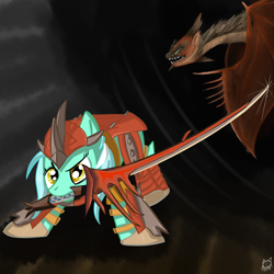 Size: 1000x1000 | Tagged: safe, artist:cheshiresdesires, lyra heartstrings, dragon, pony, rathalos, unicorn, g4, armor, crossover, female, mare, monster hunter, mouth hold, sword, weapon