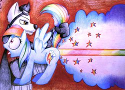 Size: 1280x920 | Tagged: safe, artist:twintailsinc, rainbow dash, pegasus, pony, anthro, g4, anthro with ponies, behaving like a weapon, duo, fart, female, furry, mare, mr. toots, rainbow, rainbow fart, red faction: armageddon, tail lift, tongue out, traditional art
