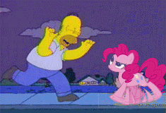 Size: 235x160 | Tagged: safe, edit, pinkie pie, earth pony, human, pony, g4, animated, crossover, duo, fear of flying, female, homer simpson, male, mare, running, the simpsons