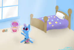 Size: 1500x1000 | Tagged: safe, artist:mikoruthehedgehog, trixie, twilight sparkle, pony, unicorn, g4, bed, blanket, colored pupils, cute, diatrixes, female, filly, filly trixie, glowing horn, horn, levitation, magic, open mouth, pillow, sitting, smiling, solo, telekinesis, toy, train, window, younger