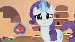 Size: 853x480 | Tagged: safe, screencap, rarity, pony, unicorn, g4, season 2, secret of my excess, cute, dilated pupils, female, fire ruby, golden oaks library, happy, looking at you, mare, raribetes, smiling, solo