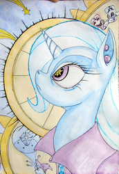 Size: 2008x2920 | Tagged: safe, artist:gela-g-i-s-gela, trixie, pony, unicorn, g4, cape, clothes, ear piercing, female, glare, high res, mare, piercing, profile, solo, starry eyes, traditional art, trixie's cape, wingding eyes