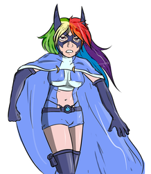 Size: 985x1132 | Tagged: artist needed, safe, rainbow dash, human, g4, cape, clothes, dc comics, female, gritted teeth, humanized, huntress, simple background, solo, white background