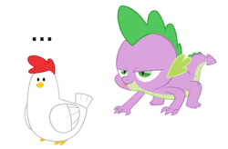 Size: 850x558 | Tagged: safe, artist:queencold, spike, chicken, dragon, g4, ..., all fours, food chain, male, predator, prey, simple background, solo, tongue out, transparent background, vector