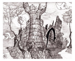 Size: 800x654 | Tagged: safe, artist:konsumo, g4, background, castle of the royal pony sisters, mare in the moon, monochrome, moon, no pony, old castle ruins, pencil drawing, ruins, scenery, traditional art
