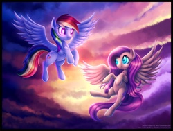 Size: 1280x968 | Tagged: safe, artist:mn27, artist:mylafox, fluttershy, rainbow dash, pegasus, pony, g4, cloud, duo, duo female, female, flying, looking at each other, mare, sky, smiling