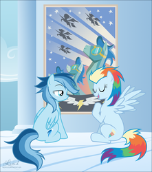 Size: 1723x1949 | Tagged: dead source, safe, artist:kumkrum, oc, oc only, oc:ragtag, oc:shooting star, pegasus, pony, duo, duo female, female, mare, offspring, older, parent:rainbow dash, parent:soarin', parents:soarindash, sisters, sitting, wonderbolts, wonderbolts poster