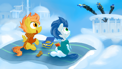 Size: 1536x864 | Tagged: safe, artist:rubrony, soarin', spitfire, pegasus, pony, g4, clothes, cloud, cloudsdale, colt, colt soarin', female, filly, filly spitfire, flying, foal, food, hoodie, lunchbox, male, picnic blanket, pie, pointing, scarf, scenery, sitting, uniform, wonderbolts, wonderbolts uniform, younger