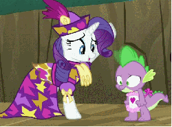 Size: 635x470 | Tagged: safe, screencap, rarity, spike, dragon, pony, unicorn, dragon quest, g4, season 2, animated, apron, camouflage, clothes, dress, duo, female, friendzone, male, mare, naked apron, sproing, trench