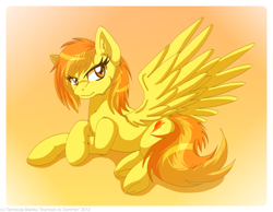 Size: 1800x1400 | Tagged: safe, artist:inuhoshi-to-darkpen, spitfire, pegasus, pony, g4, alternate hairstyle, chest fluff, chin fluff, crossed hooves, cute, cutefire, ear fluff, female, fluffy, gradient background, looking at something, looking back, mare, prone, solo, spread wings, wings