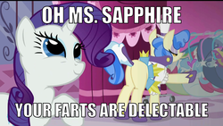 Size: 1920x1080 | Tagged: safe, edit, edited screencap, screencap, rarity, sapphire shores, earth pony, pony, unicorn, a dog and pony show, g4, blank flank, butt, caption, duo, duo female, fart fetish, female, fetish, implied farting, mare, plot