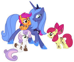 Size: 1683x1409 | Tagged: dead source, safe, artist:kumkrum, apple bloom, princess luna, scootaloo, sweetie belle, alicorn, earth pony, pegasus, pony, unicorn, g4, cutie mark crusaders, dirty, female, filly, mare, messy, ponies riding ponies, riding, s1 luna, sap, scootaloo riding luna, simple background, transparent background