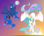 Size: 1500x1234 | Tagged: dead source, safe, artist:kumkrum, princess celestia, princess luna, alicorn, pony, g4, celestial mechanics, duo, duo female, female, flying, glowing horn, horn, mare, moon, moon work, royal sisters, siblings, sisters, smiling, sun, sun work, sunset