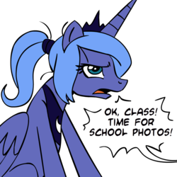 Size: 945x945 | Tagged: safe, artist:megasweet, princess luna, alicorn, pony, g4, annoyed, female, mare, ponytail, s1 luna, simple background, sitting, solo, teenager, transparent background, younger