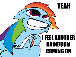 Size: 800x600 | Tagged: safe, artist:weaver, rainbow dash, pegasus, pony, g4, dilated pupils, drugs, female, floppy ears, gif, grin, heroin, high, mare, needle, non-animated gif, rainbow, simple background, smiling, solo, syringe, text, white background