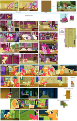 Size: 2600x4100 | Tagged: safe, artist:aurebesh, apple bloom, applejack, big macintosh, fluttershy, granny smith, pinkie pie, rainbow dash, rarity, scootaloo, sweetie belle, twilight sparkle, earth pony, pegasus, pony, unicorn, g4, barn, clubhouse, crusaders clubhouse, farmhouse, female, filly, interior, male, map, mare, stallion, sweet apple acres