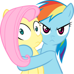 Size: 1007x1011 | Tagged: safe, artist:kurokaji11, artist:madmax, edit, fluttershy, rainbow dash, pegasus, pony, g4, angry, female, frown, glare, hostage, hug, lesbian, looking at you, mare, mine!, possessive, recolor, ship:flutterdash, shipping, simple background, transparent background, vector, wide eyes