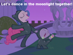 Size: 400x300 | Tagged: safe, edit, edited screencap, screencap, pinkie pie, spike, dragon, earth pony, pony, g4, it's about time, season 2, caption, catsuit, eyes closed, female, image macro, male, mare, night, sneaking suit