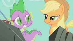 Size: 853x480 | Tagged: safe, screencap, applejack, spike, dragon, earth pony, pony, a dog and pony show, g4, duo, female, fishing rod, grin, lidded eyes, looking at each other, male, mare, out of context, smiling, smirk