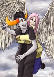 Size: 600x849 | Tagged: safe, artist:launchycat, fluttershy, human, g4, bull horns, clothes, crossover, duo, female, flying, homestuck, horns, hug, hug from behind, humanized, male, sweater, sweatershy, tavros nitram, tavroshy, troll (homestuck), winged humanization, wings