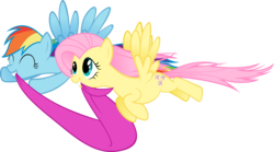 Size: 2691x1500 | Tagged: safe, artist:kurokaji11, fluttershy, rainbow dash, pegasus, pony, g4, secret of my excess, female, flying, lesbian, mare, mouth hold, ribbon, ship:flutterdash, shipping, simple background, smiling, transparent background