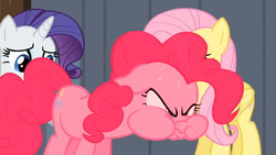 Size: 640x360 | Tagged: safe, screencap, fluttershy, pinkie pie, rarity, earth pony, pegasus, pony, unicorn, g4, season 2, the last roundup, animation error, female, mare, puffy cheeks, stage, sweat