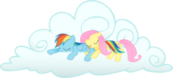 Size: 2651x1200 | Tagged: safe, artist:kurokaji11, fluttershy, rainbow dash, pegasus, pony, g4, cloud, female, lesbian, mare, pillow, pony pillow, ship:flutterdash, shipping, simple background, sleeping, sleeping together, smiling, transparent background