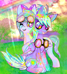 Size: 624x684 | Tagged: dead source, safe, artist:chalnsaw, cloudchaser, flitter, pegasus, pony, g4, abstract background, duo, duo female, female, goggles, mare, smiling