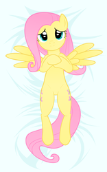 Size: 2488x4000 | Tagged: safe, artist:kurokaji11, fluttershy, pegasus, pony, g4, bed, body pillow, body pillow design, female, looking at you, mare, on back, solo