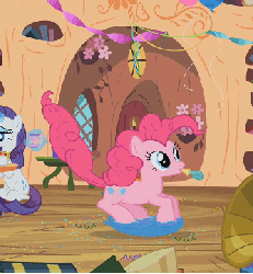 Size: 334x360 | Tagged: safe, screencap, pinkie pie, rarity, earth pony, pony, unicorn, g4, season 2, secret of my excess, animated, balloon, bouncing, female, gif, golden oaks library, jumping, mare, moments before disaster, pinkie being pinkie, pinkie bounce, pronking