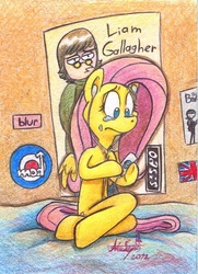 Size: 496x684 | Tagged: safe, artist:iceberglonely, fluttershy, semi-anthro, g4, crying, earbuds, female, mp3 player, solo, traditional art