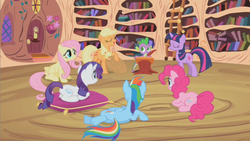 Size: 853x480 | Tagged: safe, screencap, applejack, fluttershy, pinkie pie, rainbow dash, rarity, spike, twilight sparkle, dragon, earth pony, pegasus, pony, unicorn, g4, lesson zero, my little pony: friendship is magic, season 2, applejack's hat, braid, cowboy hat, eyes closed, female, golden oaks library, hat, male, mane seven, mane six, mare, quill, smiling, unicorn twilight, wingless spike