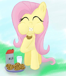 Size: 900x1029 | Tagged: safe, artist:infera1, fluttershy, pegasus, pony, g4, cookie, eating, eyes closed, female, mare, milk, puffy cheeks, smiling, solo