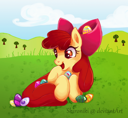 Size: 1041x965 | Tagged: safe, artist:shironiki, apple bloom, earth pony, pony, g4, adorabloom, cute, easter, easter egg, female, filly, foal, open mouth, prone, smiling, solo