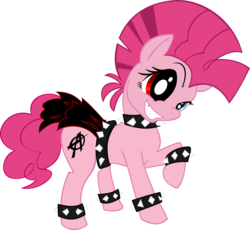 Size: 3626x3342 | Tagged: safe, artist:grinning-alex, pinkie pie, earth pony, pony, comic:a piece of pie, g4, alternate hairstyle, bracelet, choker, evil grin, female, grin, heterochromia, high res, mare, mohawk, punk, punkie pie, raised hoof, simple background, solo, spiked choker, spiked wristband, transparent background, vector