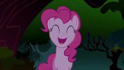 Size: 640x360 | Tagged: safe, screencap, pinkie pie, earth pony, pony, friendship is magic, g4, season 1, everfree forest, eyes closed, female, forest, mare, open mouth, singing, solo