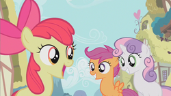 Size: 853x480 | Tagged: safe, screencap, apple bloom, scootaloo, sweetie belle, earth pony, pegasus, pony, unicorn, g4, season 2, the cutie pox, apple bloom's bow, bow, cloud, cutie mark crusaders, female, filly, hair bow, mountain, open mouth, outdoors, ponyville, smiling, trio