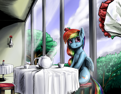 Size: 1920x1483 | Tagged: safe, artist:aphexangel, rainbow dash, pegasus, pony, g4, crepuscular rays, cup, date, female, flower, interior, looking at you, mare, restaurant, rose, sitting, smiling, solo, table, teapot, window