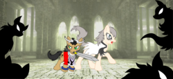 Size: 1600x727 | Tagged: safe, artist:foxdeimos, earth pony, pony, shadow pony, day, ico, mouth hold, ponified, silhouette, sword, video game, weapon, yorda