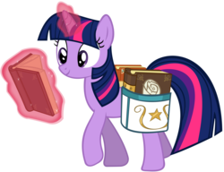 Size: 7147x5500 | Tagged: safe, artist:drfatalchunk, twilight sparkle, pony, unicorn, g4, absurd resolution, book, female, magic, mare, reading, saddle bag, simple background, smiling, solo, transparent background, walking