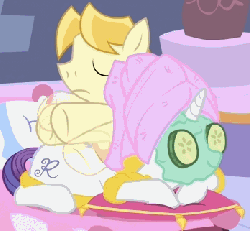 Size: 348x322 | Tagged: safe, screencap, masseuse pony, rarity, earth pony, pony, unicorn, green isn't your color, season 1, animated, bathrobe, clothes, cropped, cucumber, duo, eyes closed, female, male, mare, massage, mud mask, pillow, prone, quake, robe, smiling, spa, stallion, towel, towel on head, vibrating