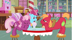 Size: 480x270 | Tagged: safe, screencap, big macintosh, cheerilee, cup cake, earth pony, pony, g4, hearts and hooves day (episode), season 2, animated, eye contact, female, hearts and hooves day, looking at each other, loop, male, mare, milkshake, stallion, sugarcube corner