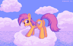 Size: 600x384 | Tagged: safe, artist:looooofa, scootaloo, pegasus, pony, g4, cloud, day, female, filly, gif, looking at you, looking back, looking back at you, non-animated gif, on a cloud, pixel art, smiling, solo, water